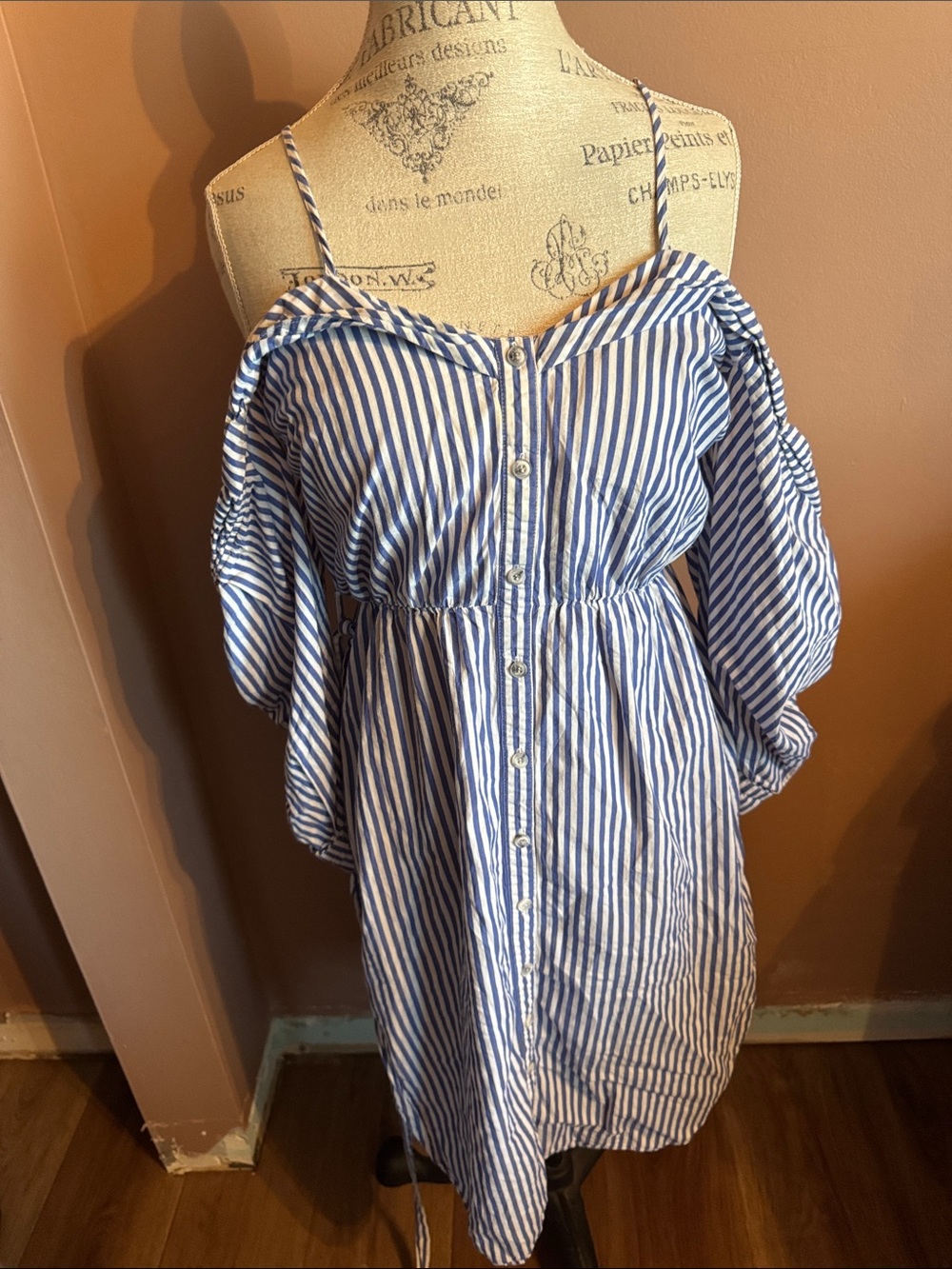 Bardot Blue and White Striped Cold-Shoulder Dress